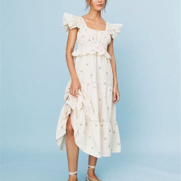 Cream Ruched Puff Sleeve Midi Sundress - Picture 1 of 5